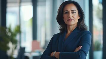 A confident professional stands with arms crossed in a sleek office photo