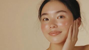A woman gently touching her cheek, showcasing her glowing skin and natural beauty photo