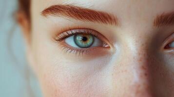 A young woman gazes softly, revealing mesmerizing green eyes and delicate features photo