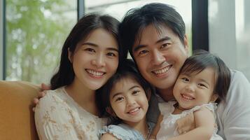 A joyful family embraces each other with smiles and love in a sunlit room photo