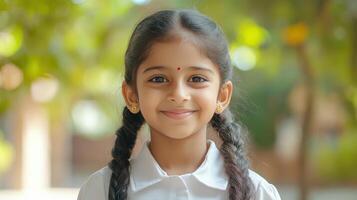 A young girl with long braids smiles warmly in a vibrant garden photo