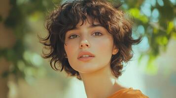 A young woman stands in a sunlit garden, radiating warmth and joy amidst the greenery photo