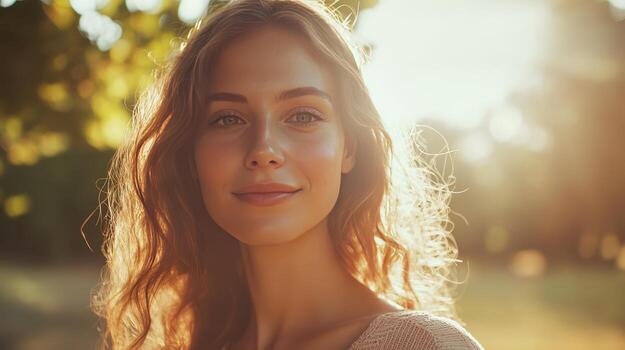 A joyful woman basks in the warm glow of a setting sun surrounded by nature photo