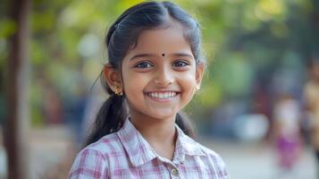 A cheerful girl enjoys a sunny day in a vibrant park, showcasing her infectious smile photo