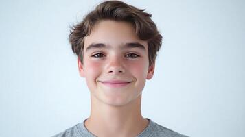 A cheerful boy radiates happiness with a warm smile indoors photo