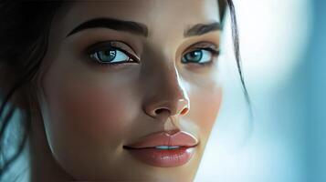 A young woman gazes thoughtfully, illuminated by gentle sunlight streaming in photo