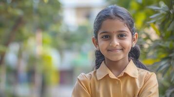 A cheerful girl with a friendly smile enjoys the beauty around her photo
