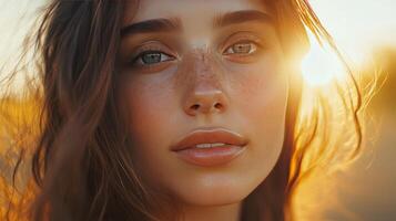 A young woman gazes thoughtfully as the sun sets behind her photo