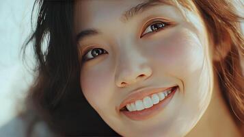 A joyful young woman beams with happiness in warm sunlight photo