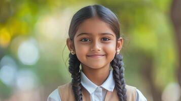 A young girl radiates happiness while enjoying a beautiful day outdoors photo