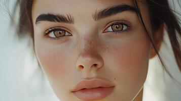 A youthful woman's captivating gaze draws attention in a gentle, blurred backdrop photo