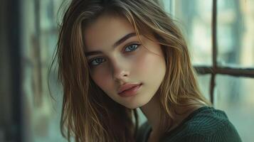 A young woman gazes thoughtfully through a sunlit window, lost in contemplation photo