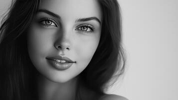 A stunning woman gazes softly with striking features and expressive eyes photo