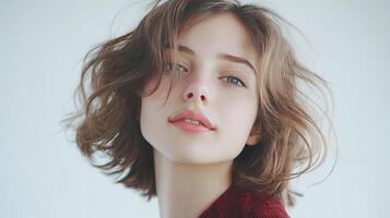 A young woman showcases her playful expression and wavy hair in soft light photo
