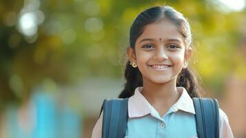 A joyful girl smiles brightly against a blurred green background photo
