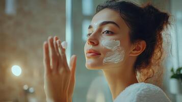 Applying a soothing mask, she embraces a tranquil moment of skincare photo