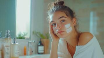 A woman enjoys a calming moment while applying skincare in a bright bathroom photo