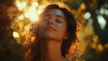 A young woman basks in the warm sunlight, embracing nature's tranquility photo
