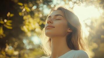 A woman breathes deeply, relishing the warmth of sunlight amongst lush greenery photo