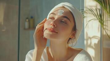 A young woman applies lotion while enjoying a tranquil spa atmosphere photo