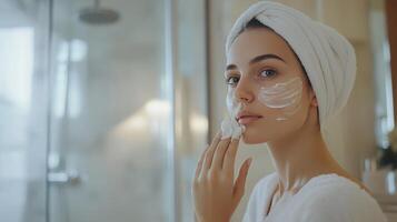 A woman applies cleansing cream to her face while enjoying a tranquil morning photo