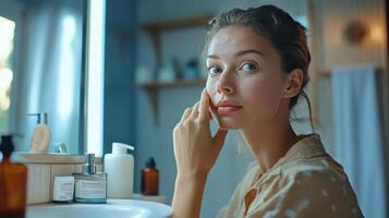 Woman enjoys a serene moment while caring for her skin photo