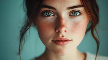 A young woman gazes directly at the viewer with captivating green eyes photo