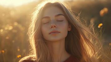 A girl embraces the warm sunlight with eyes closed, lost in peaceful thoughts photo