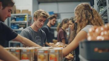 Young volunteers sort donations to provide meals for those in need photo