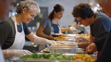 Volunteers collaborate to create nutritious meals for those in need at a busy kitchen photo