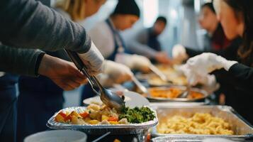 Dedicated volunteers serve warm meals to those in need during a busy winter afternoon photo