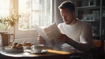 A man savors his breakfast, reading the news as sunlight streams in photo