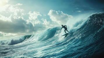 A surfer skillfully navigates a powerful wave as the sun sets photo