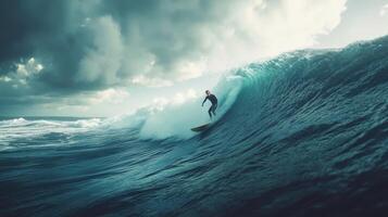 A surfer skillfully carves through a towering ocean wave at sunset photo
