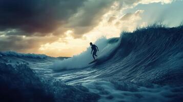 A lone surfer navigates towering waves as the sun sets photo