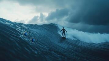 Surfer rides an impressive wave as dark clouds loom overhead photo