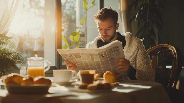 A young man enjoys breakfast while reading the newspaper in morning light photo