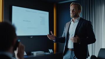 An engaging speaker presents ideas in a sleek, contemporary boardroom photo