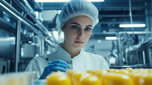 A scientist inspects bright citrus fruits in a bustling lab with precision and care photo