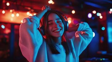 A young woman enjoys music while dancing in vibrant nightclub lighting photo