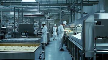 Chefs expertly prepare batches of dough in a bustling production facility photo