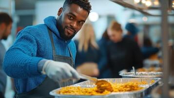 A dedicated volunteer serves warm meals to those in need at a community kitchen photo