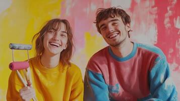 Two friends share laughter while painting vibrant colors on a mural photo