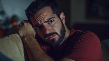 A man reflects quietly in a dimly lit room, lost in thought and emotion photo