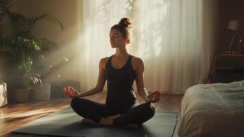 A woman practices yoga, embracing tranquility and mindfulness in a sunlit room photo