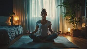 A woman sits peacefully on the floor, embracing tranquility and meditation photo