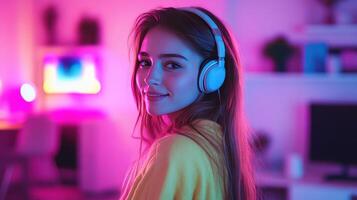 A lady listens to music, surrounded by colorful lights and a cozy ambiance photo