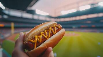 A person holds a hot dog topped with mustard, enjoying baseball in a lively stadium photo