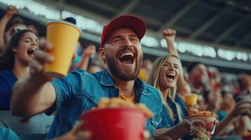 Fans cheer joyfully while enjoying snacks at an exhilarating game photo