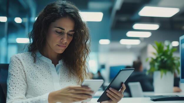A focused individual juggles tasks using a smartphone and tablet in an office setting photo